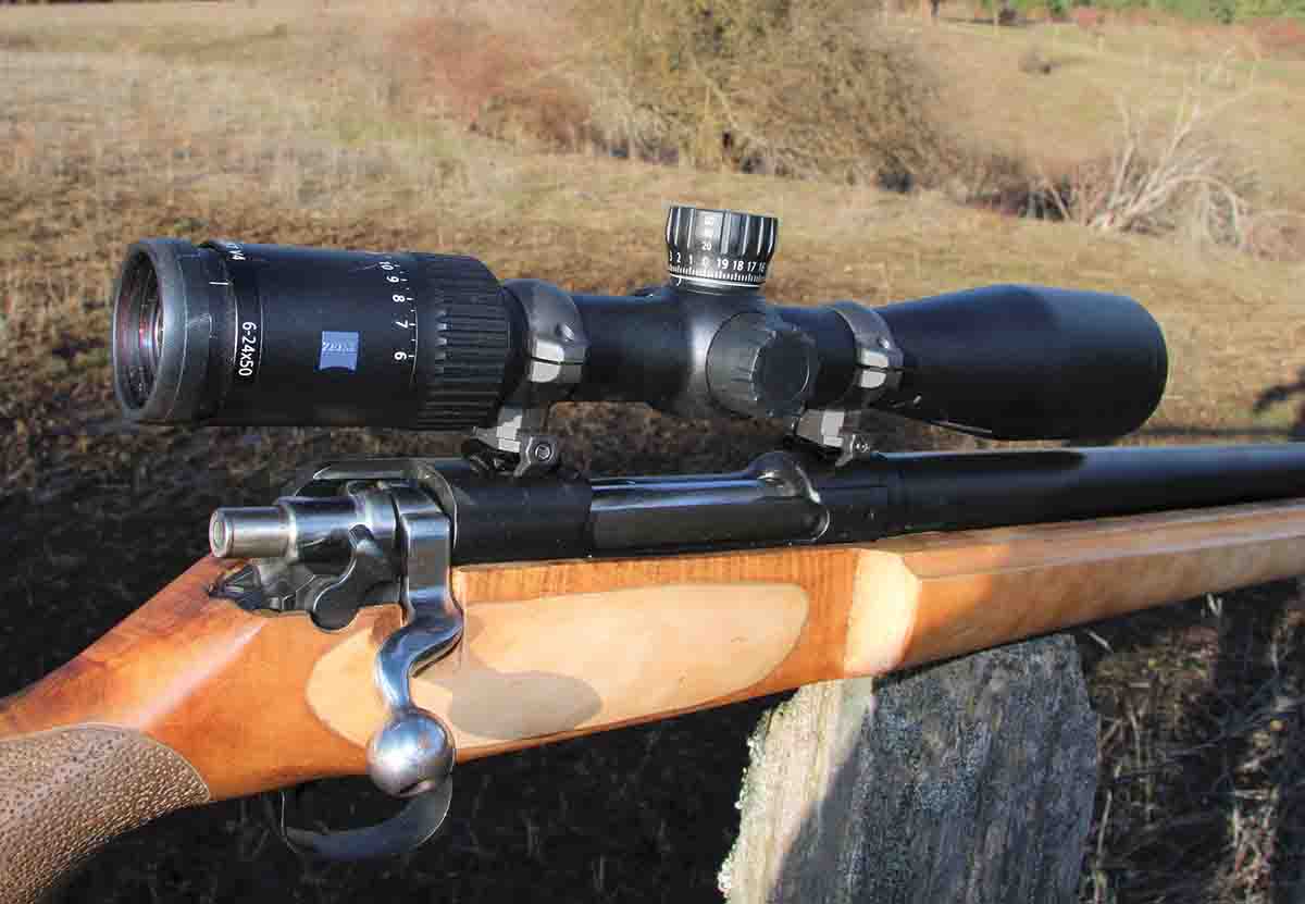 The 6.5-06 A-Square test rifle was topped with a Zeiss Conquest V4 6-24x 50mm scope, which includes an exposed top turret. It was set in steel Talley rings atop two-piece Weaver bases.